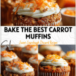 Moist sourdough carrot cake muffins topped with cream cheese frosting and grated carrots.